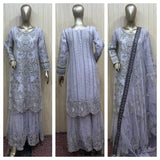 LILAC NET EMBROIDERED 3 PIECE SHARARA SUIT 351B