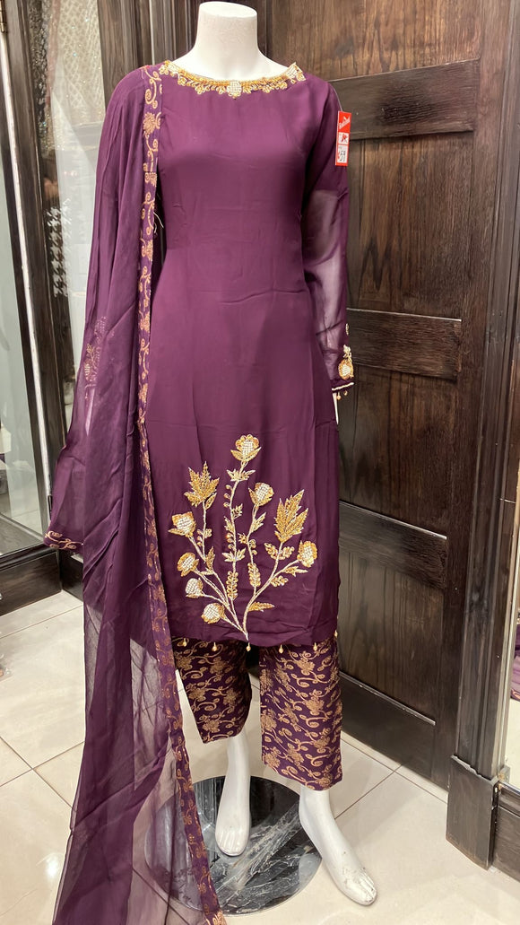 PURPLE EMBROIDERED CHIFFON 3 PIECE SUIT 235A