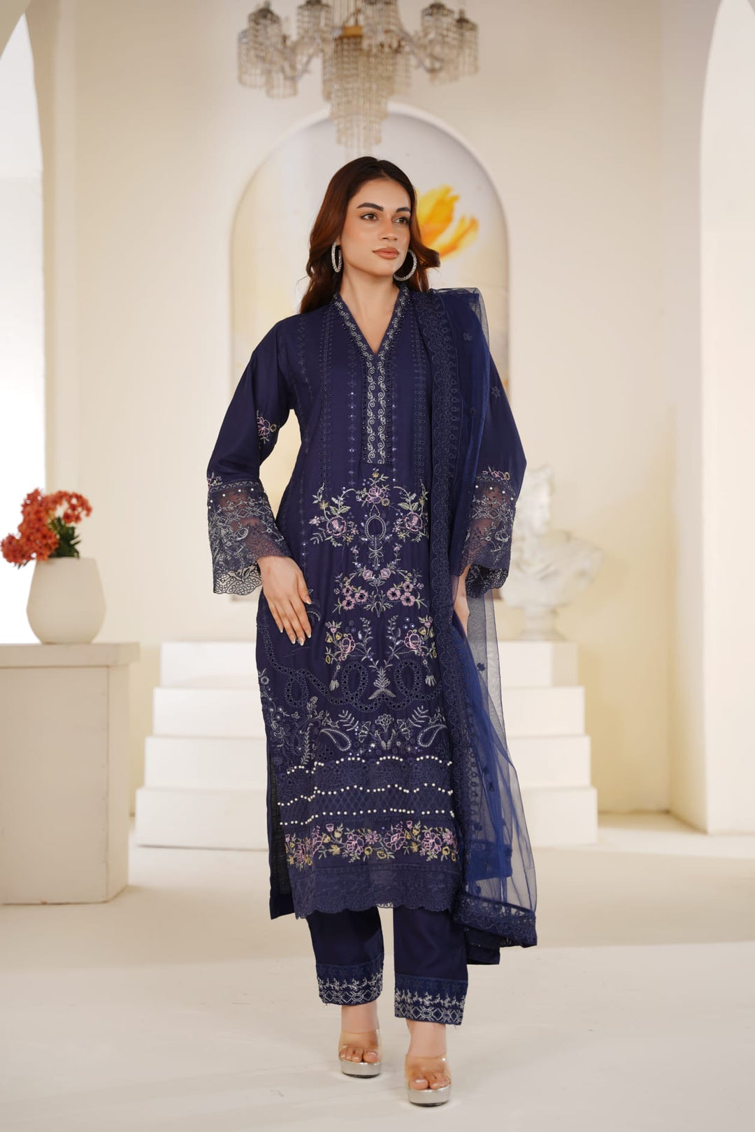 1165D - Blue Embroidered Linen 3 Piece suit