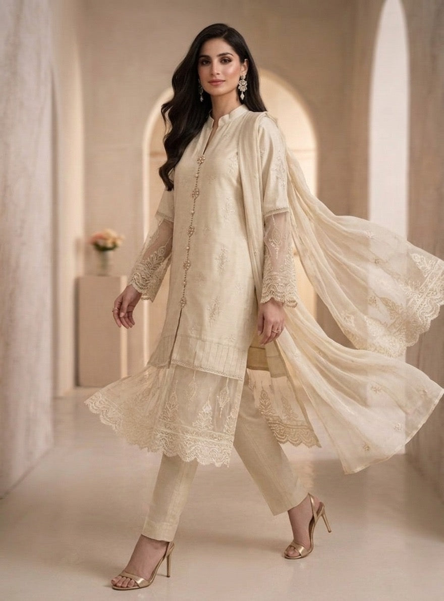 1114G - Light Beige Embroidered Linen 3 Piece suit