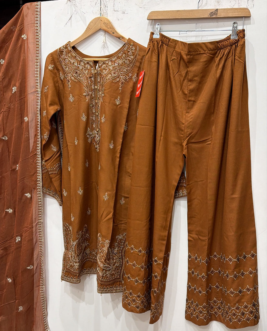 ZC3296B - Rust Brown Embroidered Pakistani Suit – Regal Winter Edit - East meets west clothing 