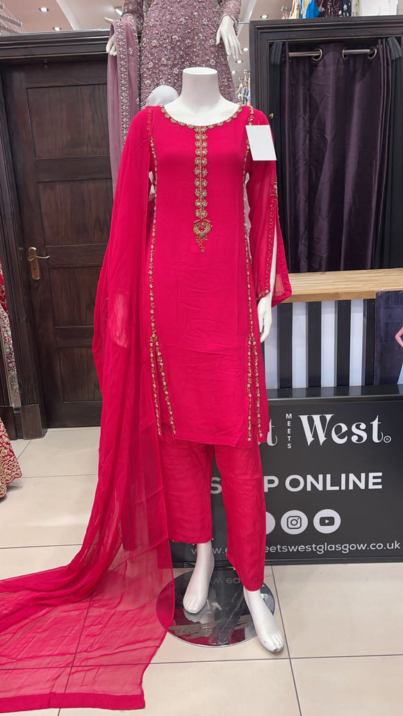 PINK CHIFFON 3 PIECE SUIT HAND EMBROIDERED 433C