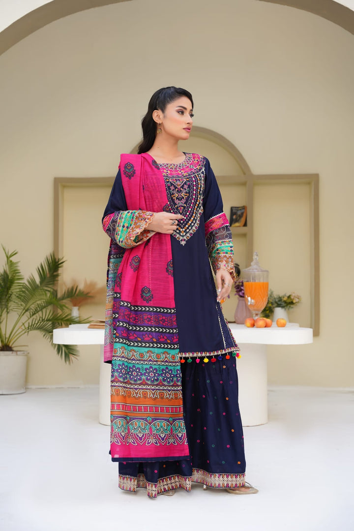 1169A - Blue Embroidered Linen Cotton 3 Piece Gharara suit