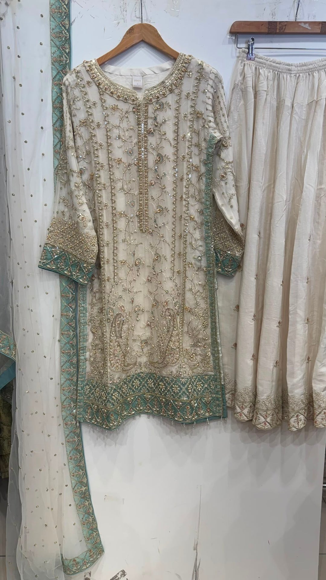 340A- Cream Embroidered Chiffon 3 Piece Suit