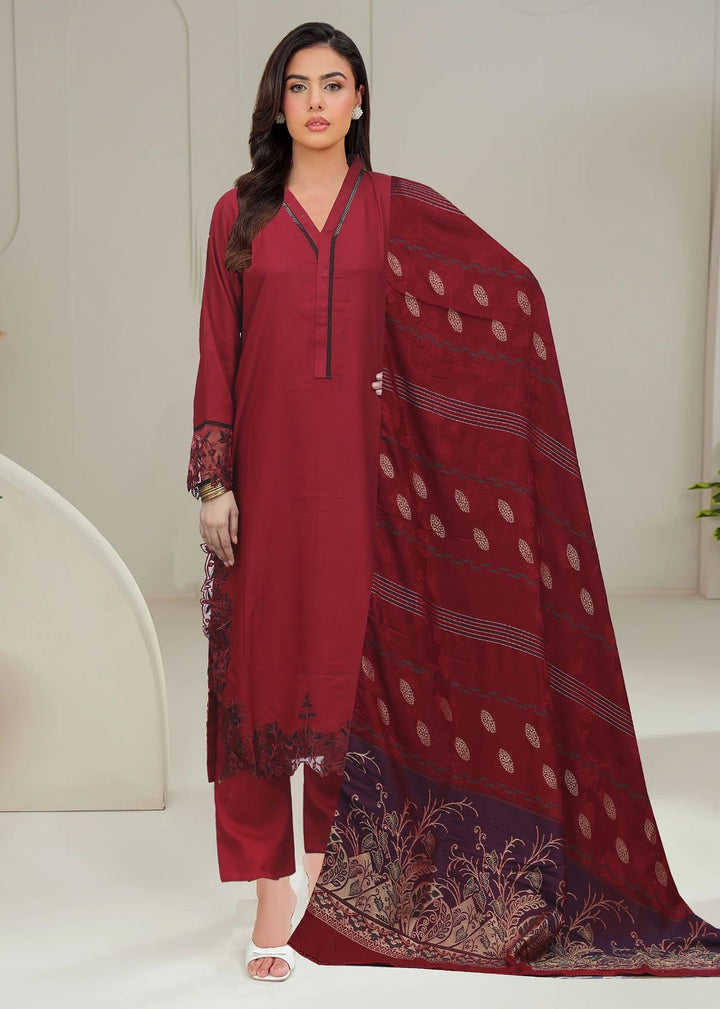DL01- RED DHANAK LINEN EMBROIDERED SUIT