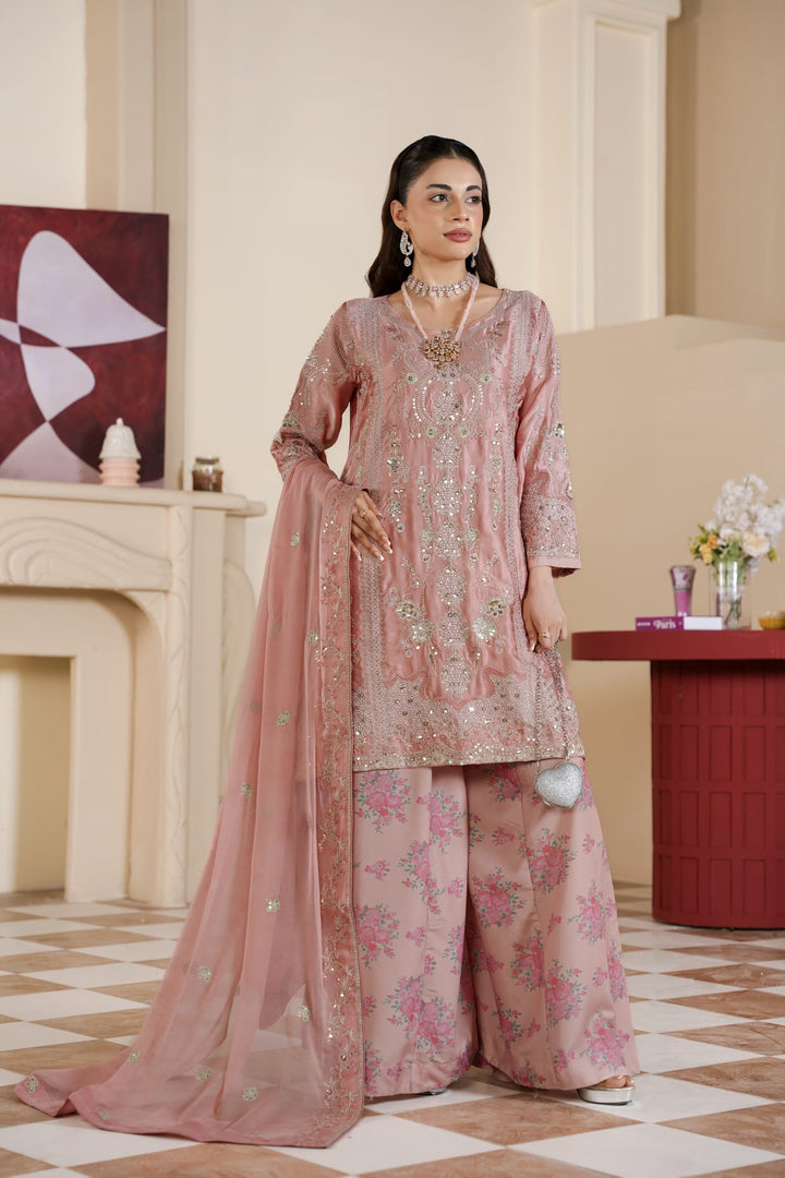 333A- Pink Embroidered Shamoz Silk 3 Piece Suit