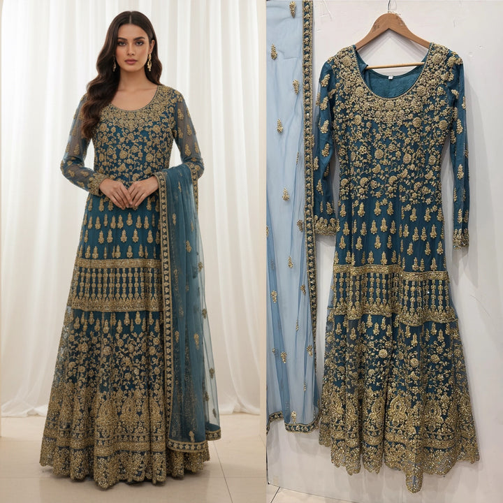 7013A- Embroidered & Embellished net long dress