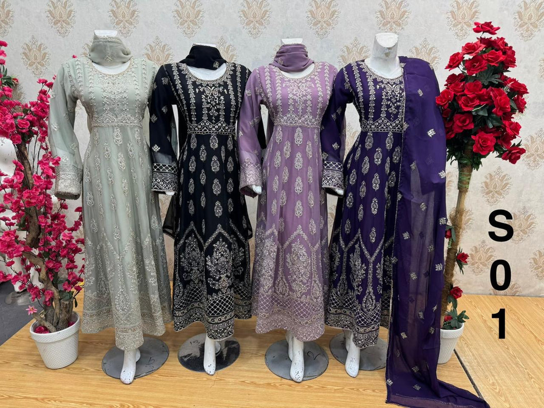 S01 EMBROIDERED CHIFFON 3 PIECE SUIT