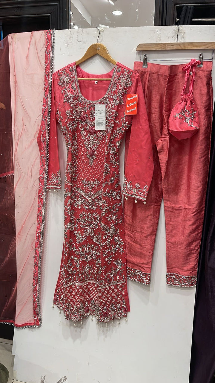 151A  - CORAL EMBROIDERED & EMBELLISHED NET SUIT