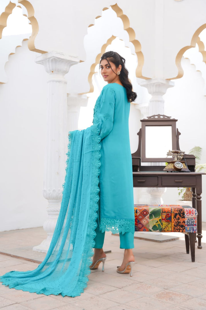 355A - Maria b inspired Turquoise Embroidered chiffon suit
