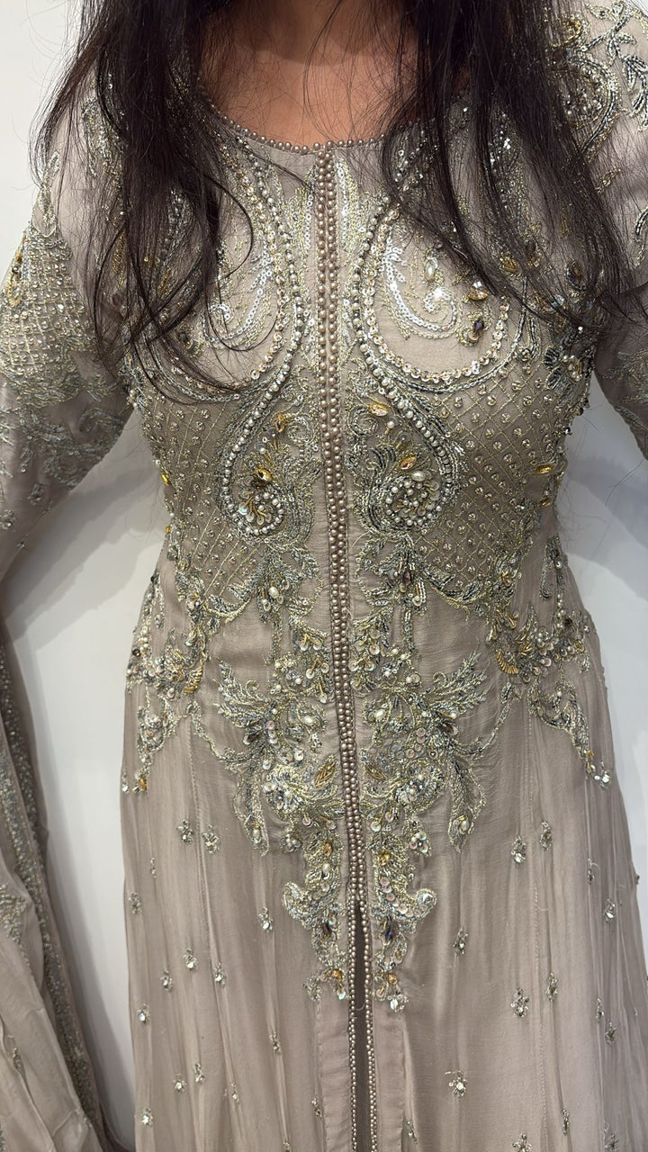 GREY EMBROIDERED CHIFFON 3 PIECE SUIT 424C