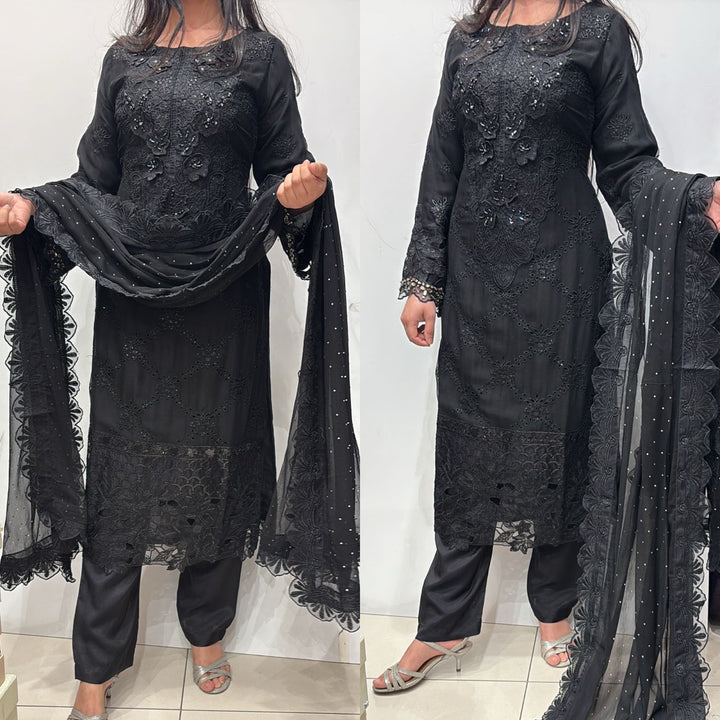 355D - Maria b inspired Black Embroidered chiffon suit
