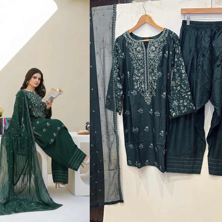 1164B- DARK GREEN LINEN EMBROIDERED 3 PIECE SUIT FARSHI SHALWAR