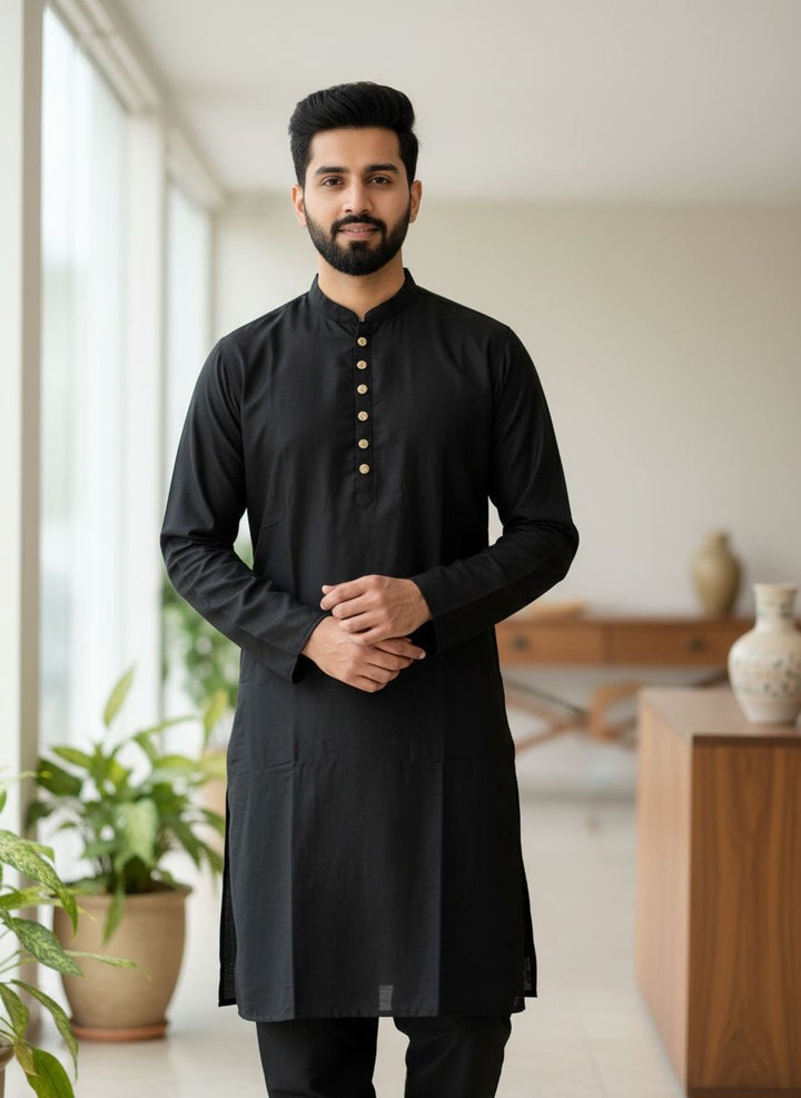 CK603E- Black cotton satin kameez set for Men & Boy