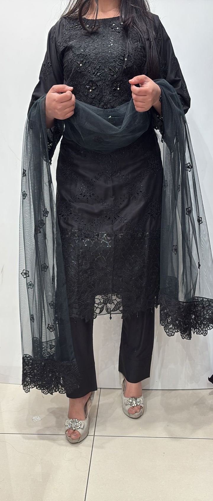 74D - Maria b inspired Black Embroidered Linen suit