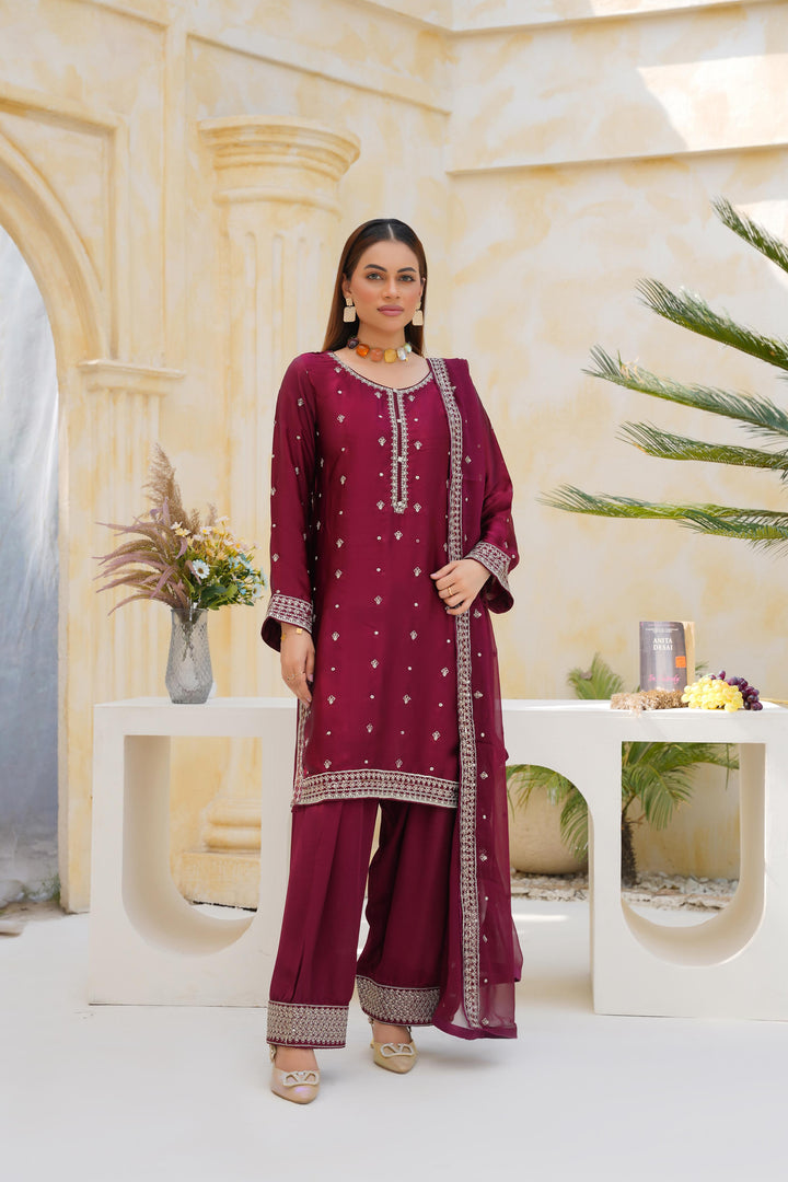 FN02 - Farshi Shalwar Maroon Silk Embroidered Suit
