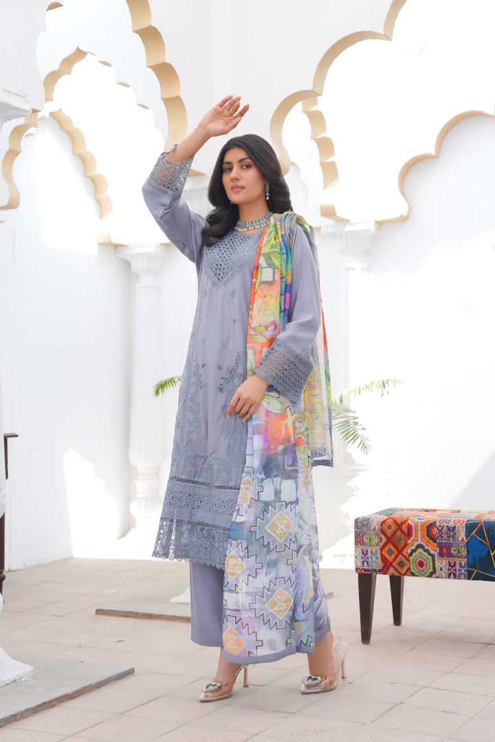 LP07B - GREY EMBROIDERED LINEN 3 PIECE SUIT