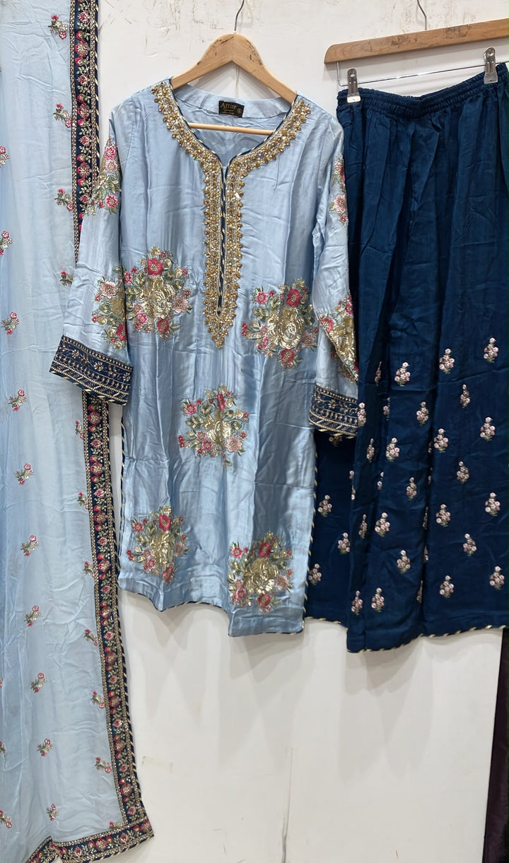 335E- Blue Embroidered Shamoz Silk 3 Piece Suit