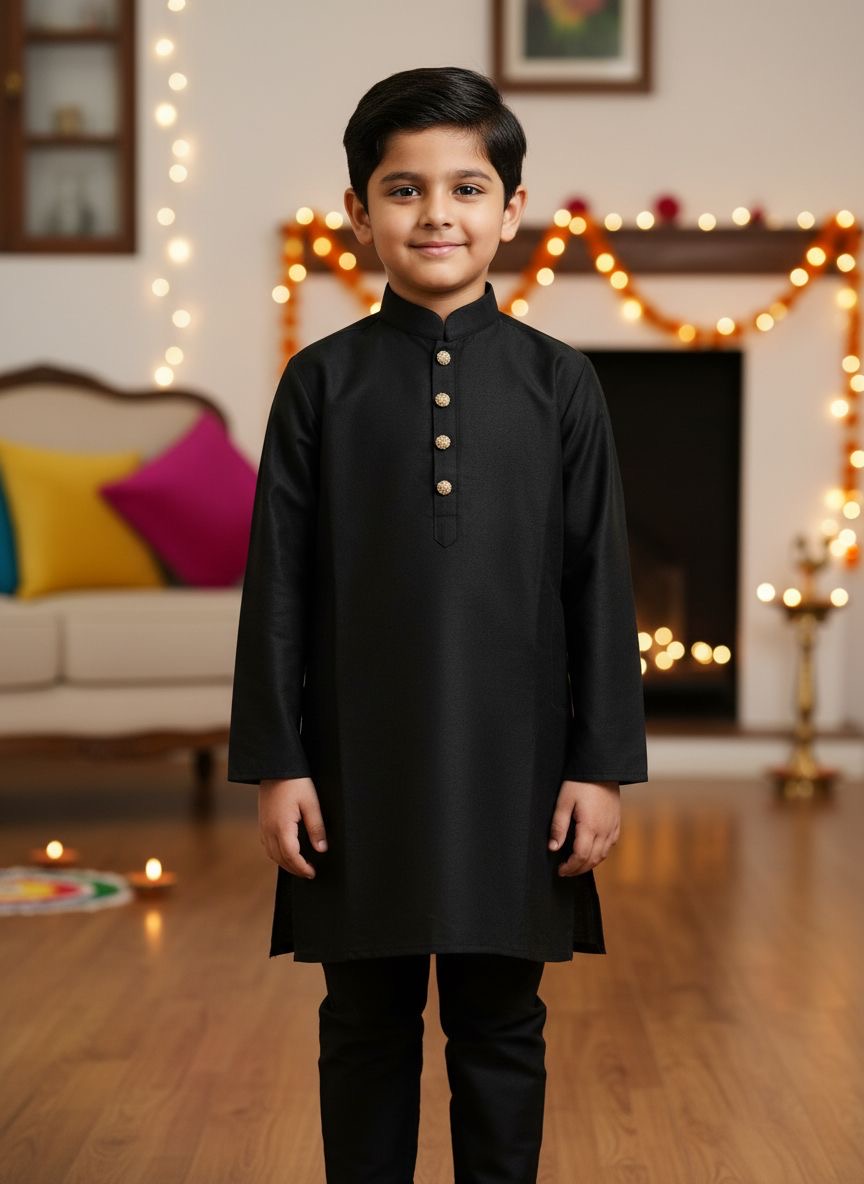 CK603E- Black cotton satin kameez set for Men & Boy