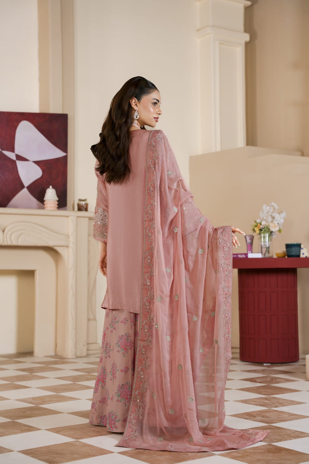 333A- Pink Embroidered Shamoz Silk 3 Piece Suit