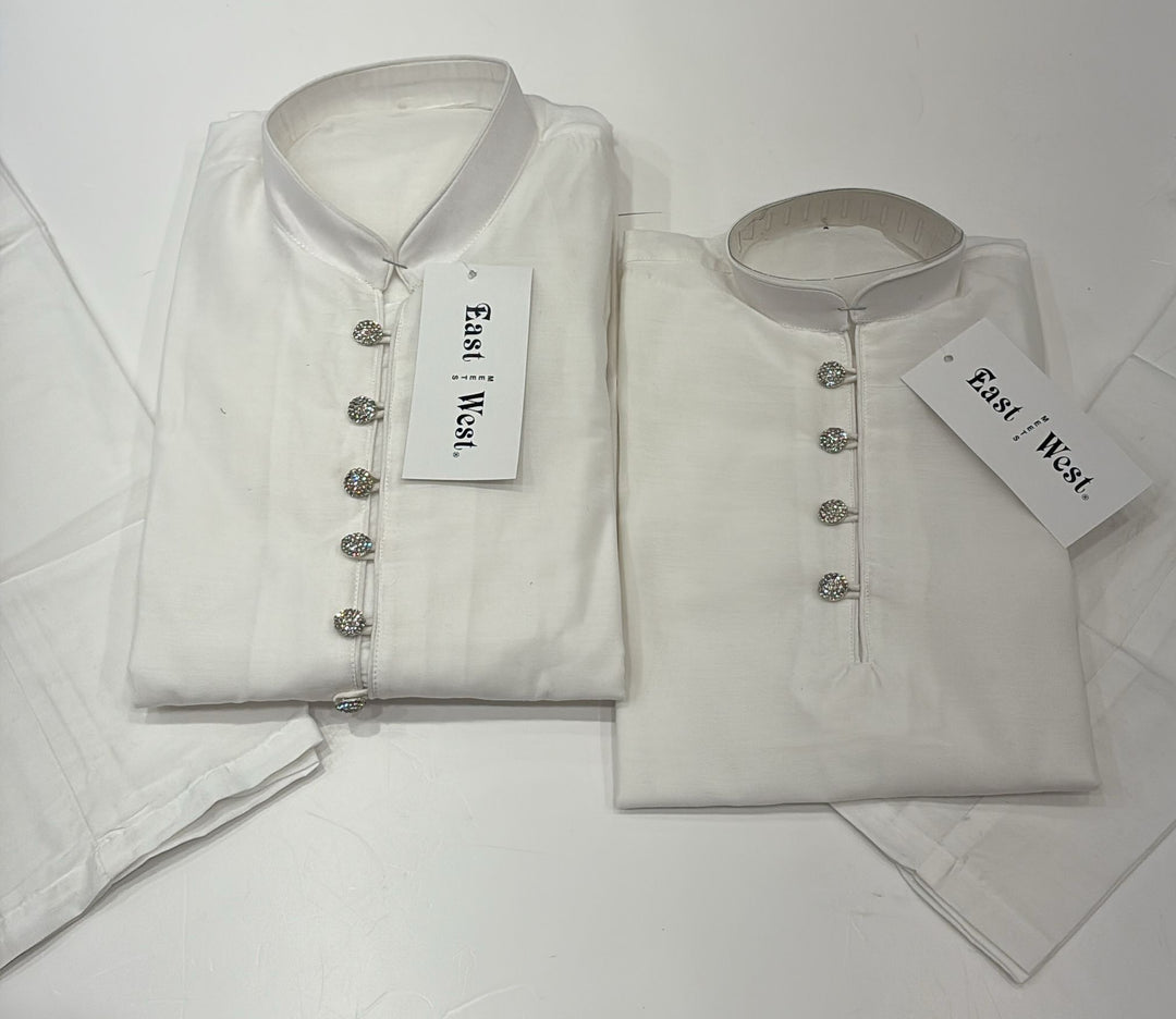 CK603A-  White cotton satin kameez set for Men and Boys