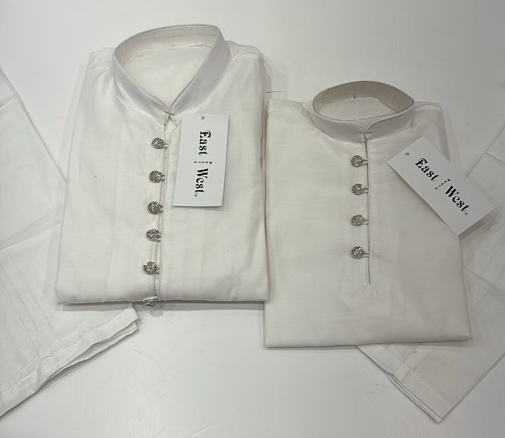 CK603A-  White cotton satin kameez set for Men and Boys