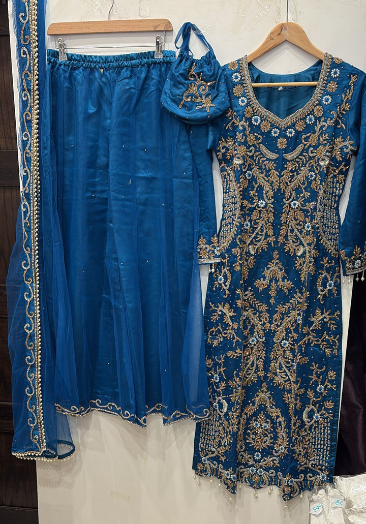 0173A- BLUE EMBROIDERED SHARARA SUIT