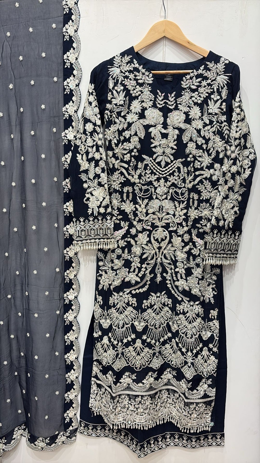 326D- Blue Embroidered Chiffon 3 Piece Suit