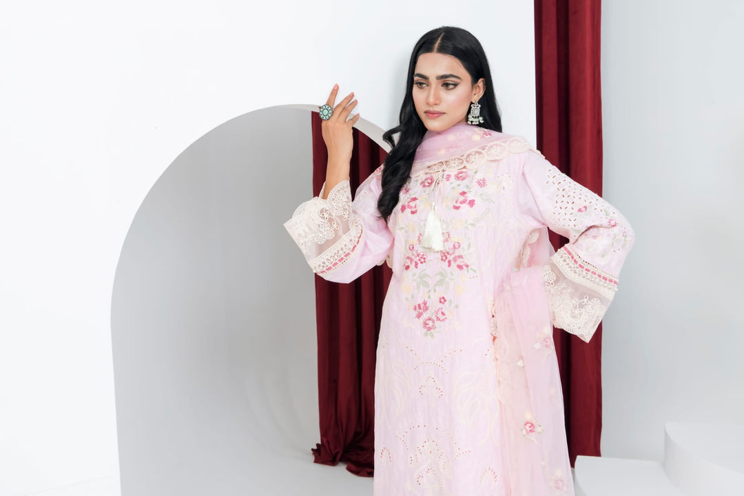 1163A - Pink Embroidered Linen 3 Piece suit