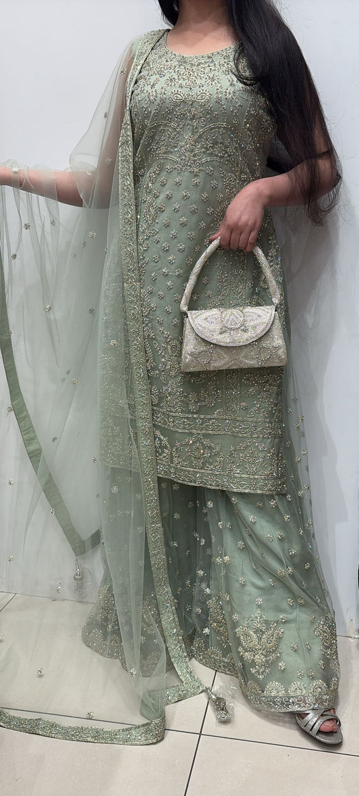 7001A- LIGHT GREEN EMBROIDERED & EMBELLISHED SHARARA SUIT