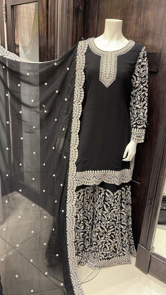 BLACK EMBROIDERED & EMBELLISHED GEORGETTE SHARARA SUIT 0169E