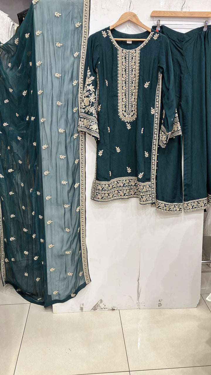 365B- Green Embroidered Silk 3 Piece Suit