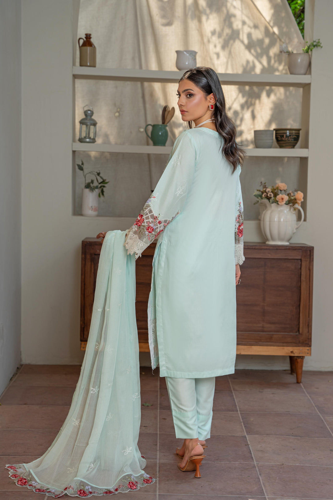 1141C - Light Blue Embroidered Linen 3 Piece suit