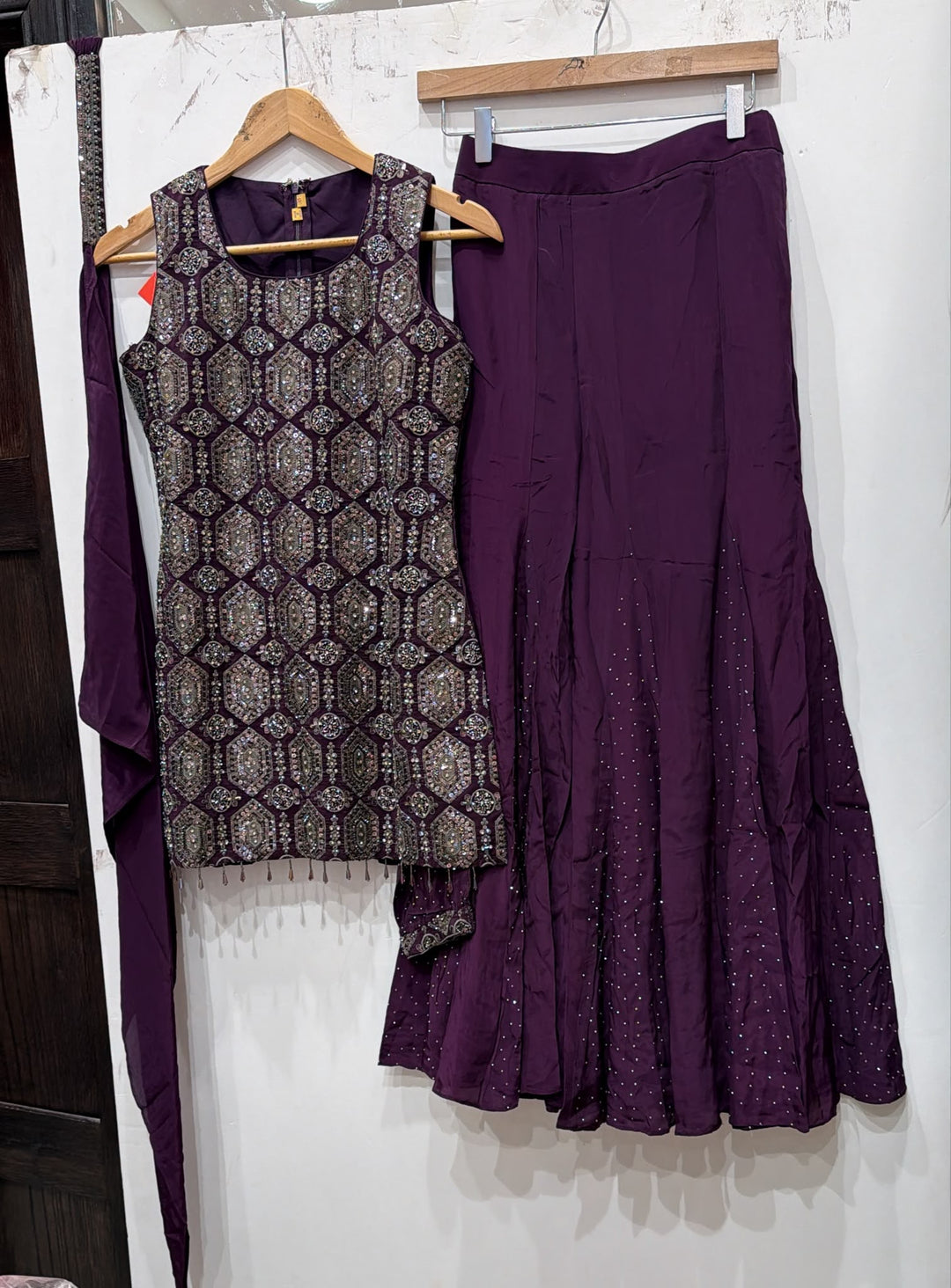 3116C Girls’ Purple Hand Embroidered Georgette Sharara dress with choker Dupatta