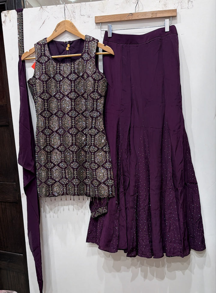 3116C Girls’ Purple Hand Embroidered Georgette Sharara dress with choker Dupatta