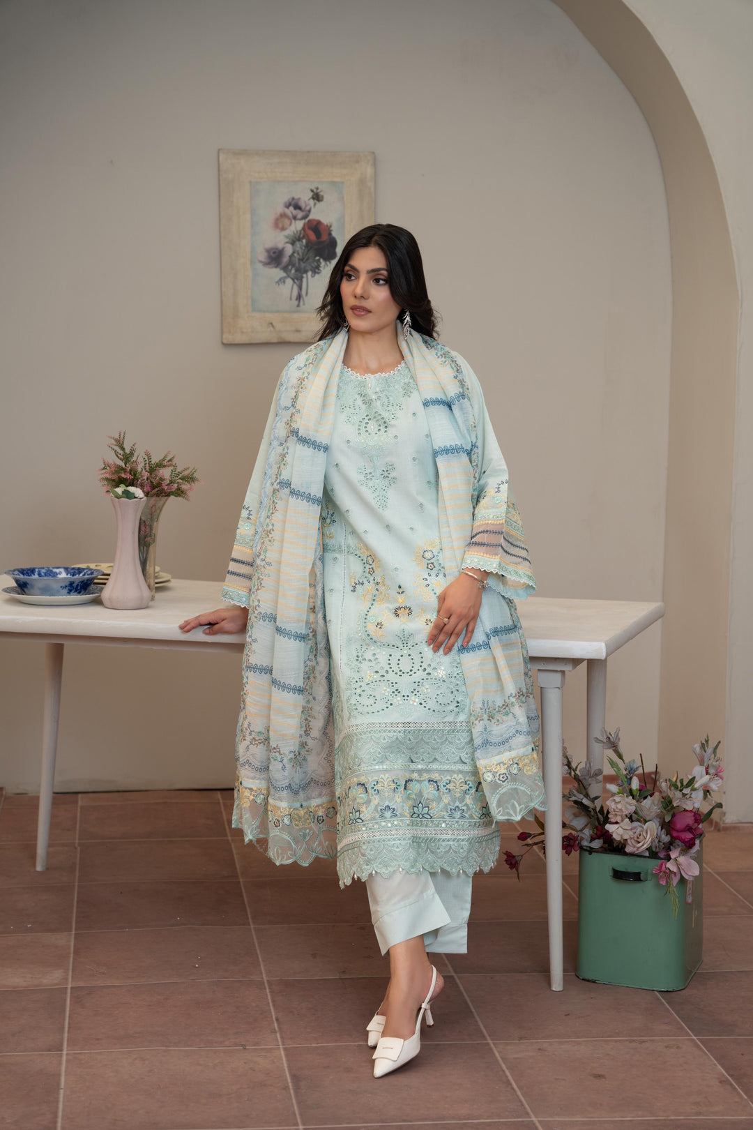 1142A - Light Green Embroidered Linen 3 Piece suit