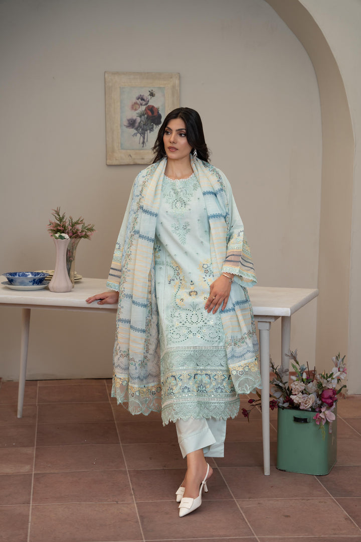 1142A - Light Green Embroidered Linen 3 Piece suit