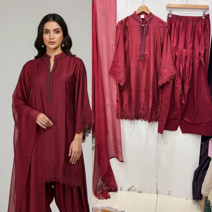 NF07 - Red Farshi Shalwar Embroidered linen suit