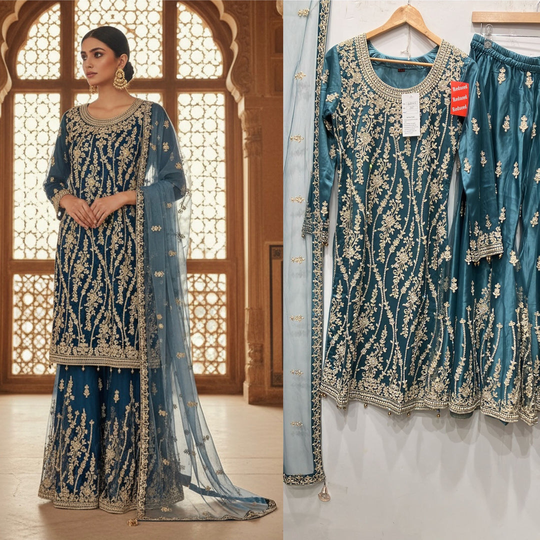 168D - TEAL EMBROIDERED & EMBELLISHED NET SUIT