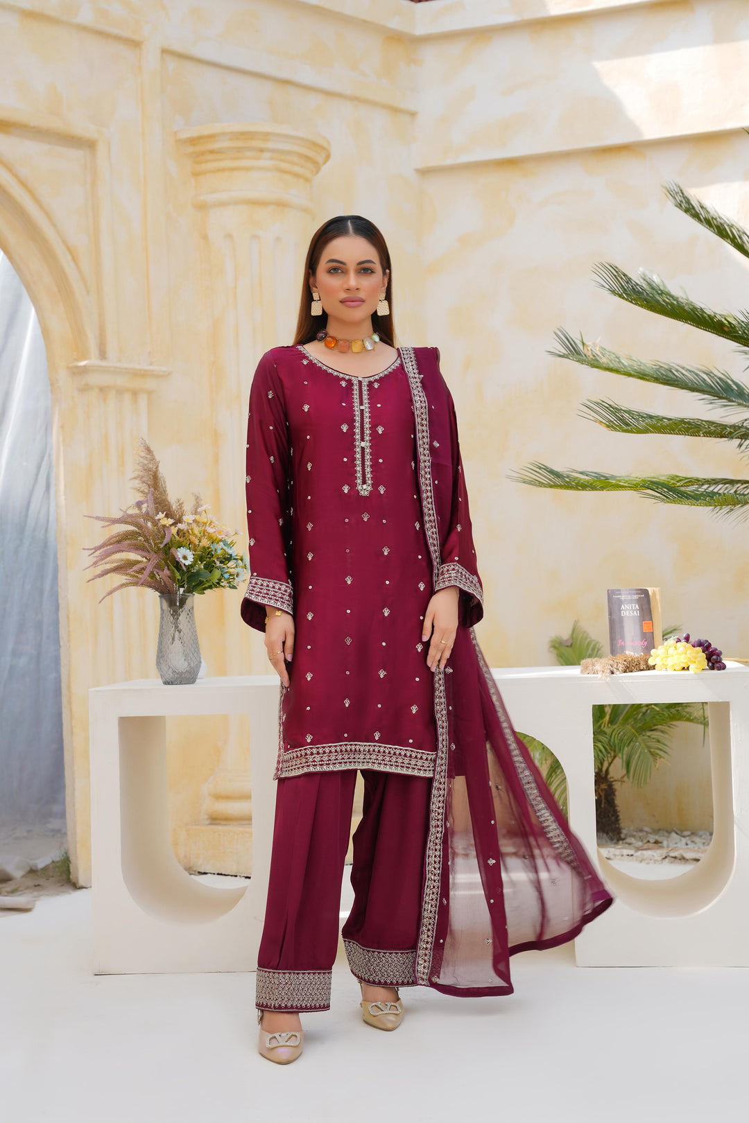 FN02 - Farshi Shalwar Maroon Silk Embroidered Suit