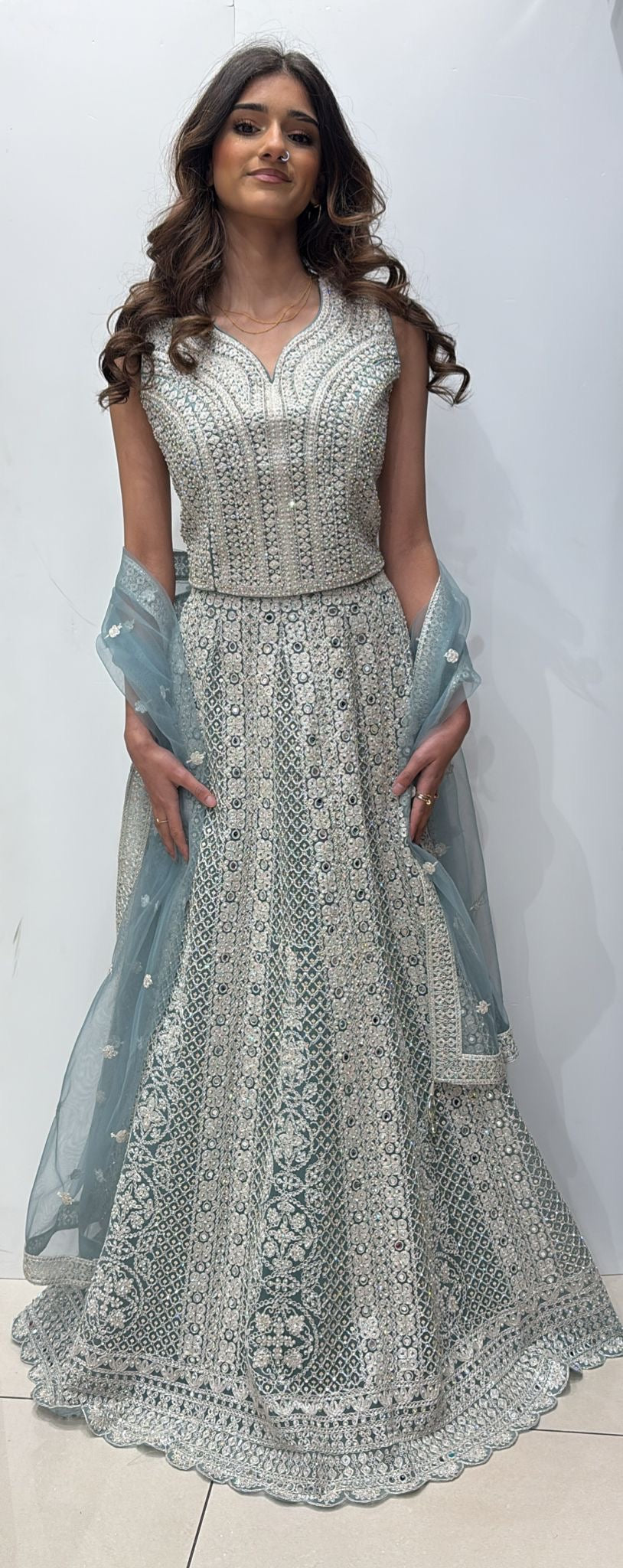 LIGHT BLUE EMBROIDERED NET LENGHA CHOLI 0211C