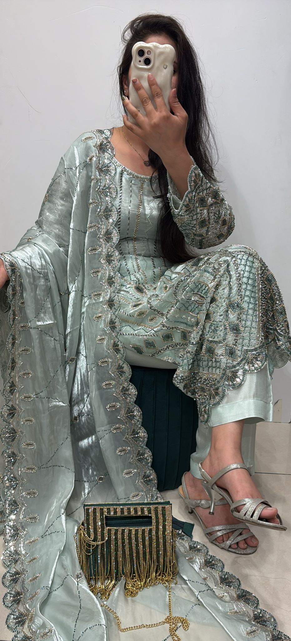 387B - LIGHT GREEN EMBROIDERED SILK SUIT