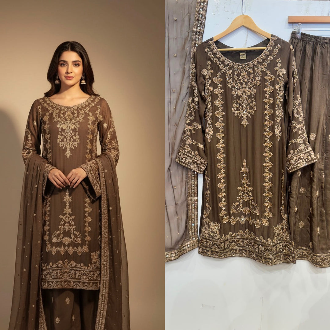 347A- Brown Embroidered Chiffon 3 Piece Suit