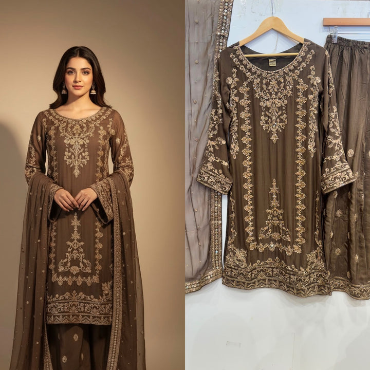 347A- Brown Embroidered Chiffon 3 Piece Suit