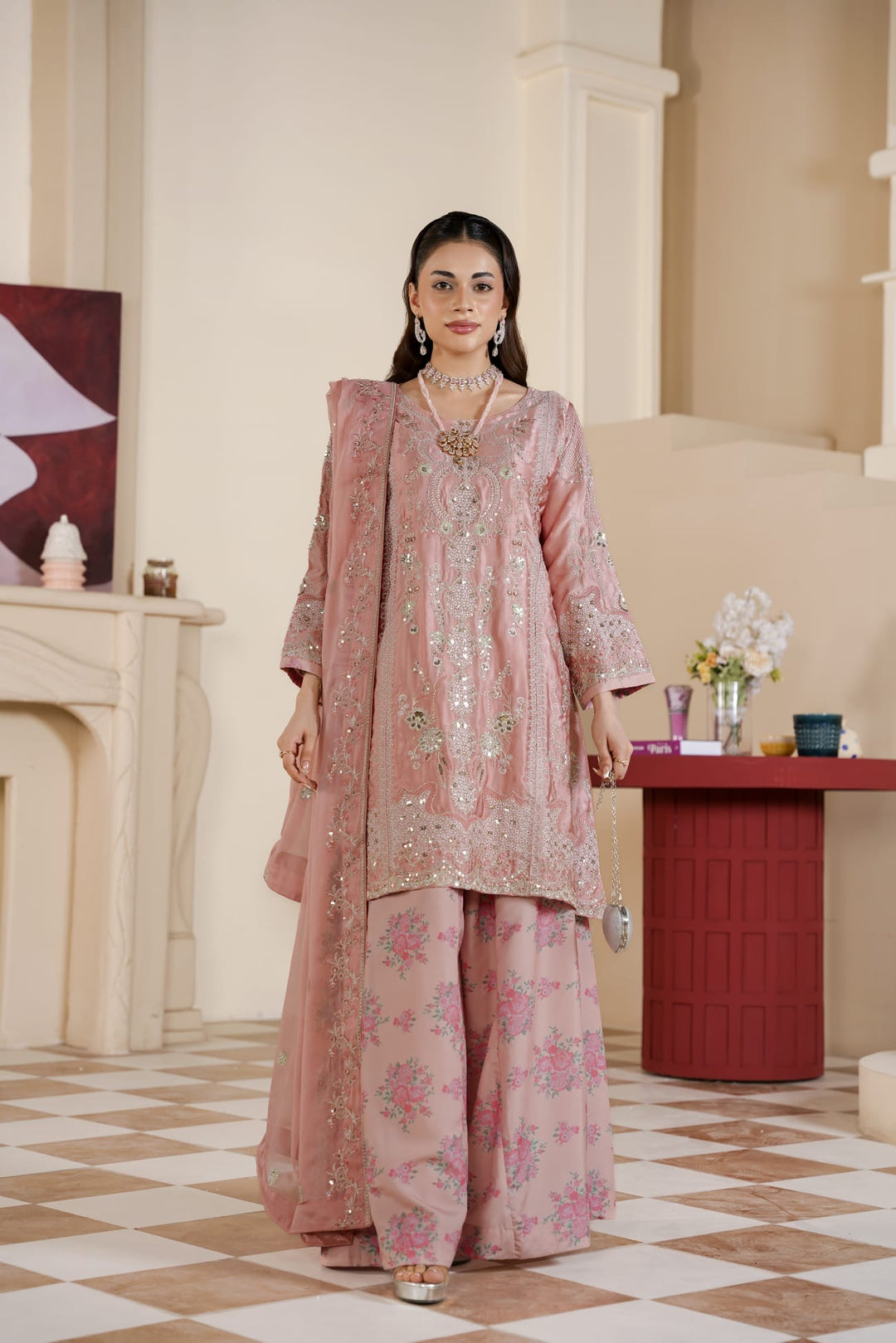 333A- Pink Embroidered Shamoz Silk 3 Piece Suit
