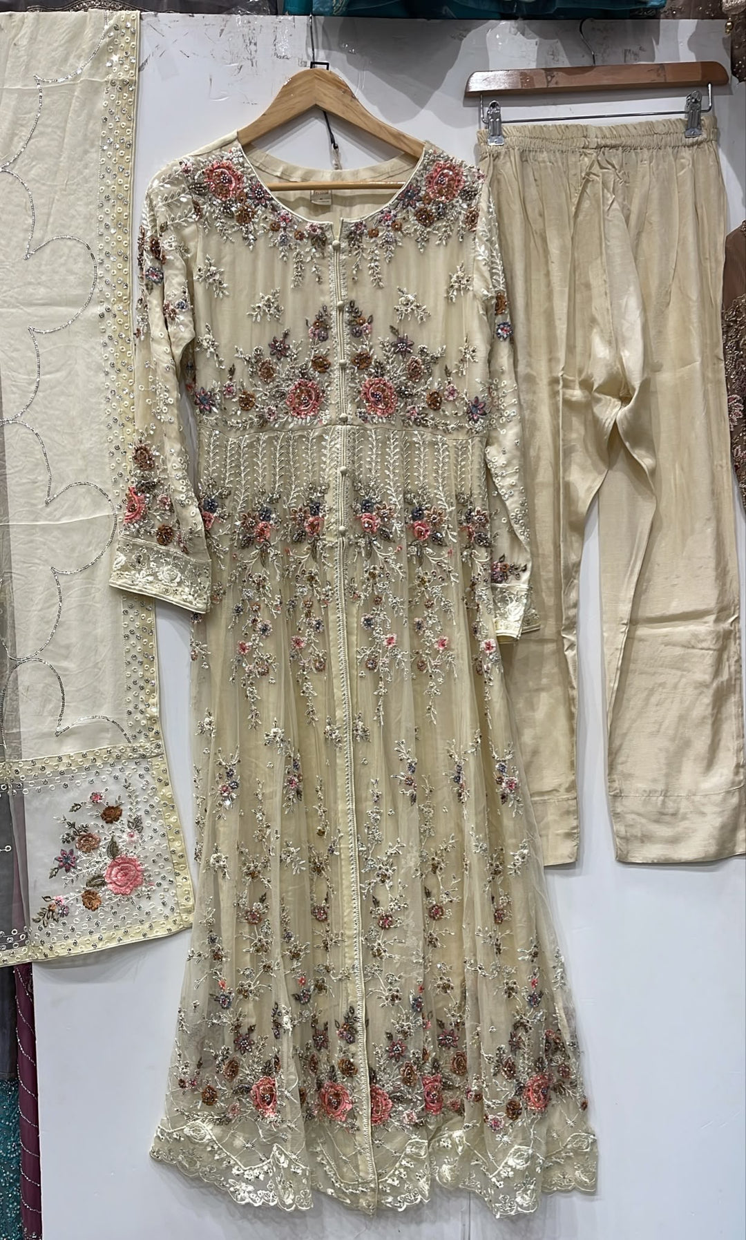 371C CHAMPAGNE CHIFFON EMBROIDERED LONG DRESS - East meets west clothing 