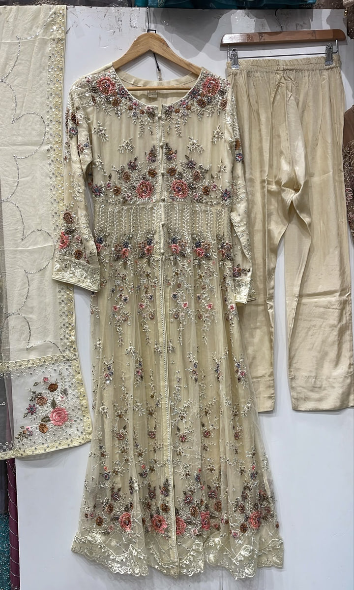 371C CHAMPAGNE CHIFFON EMBROIDERED LONG DRESS - East meets west clothing 