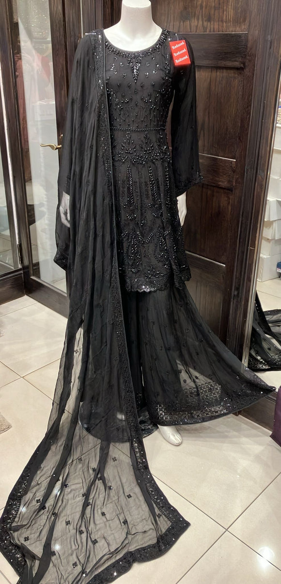 BLACK EMBROIDERED CHIFFON SHARARA SUIT 346C