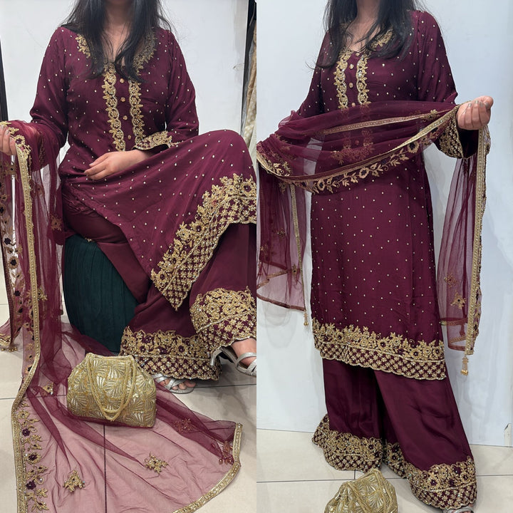 0142B- PLUM GEORGETTE FARSHI PALAZZO SUIT