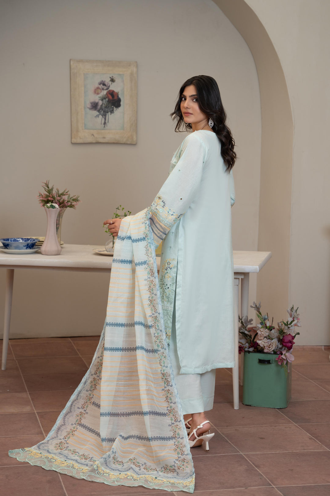 1142A - Light Green Embroidered Linen 3 Piece suit